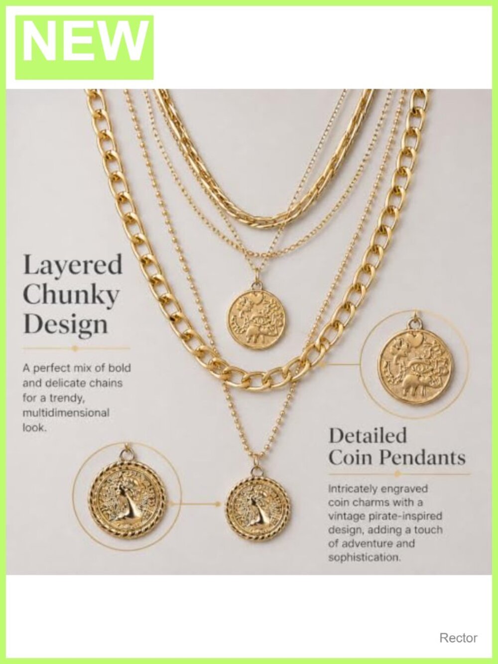 Gold Layered Coin Pendant Necklace Chunky Chain Pirate Costume Jewelry - Picture 4 of 6